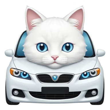 Please create a small emoji the size of 🚗 featuring a pure white cat with blue eyes on a white car. sticker
