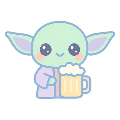 Yoda cartoon drinking a beer mug, kawaii style sticker