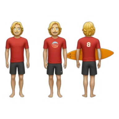 A surfer with a red shirt sticker
