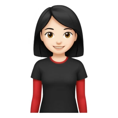 a pretty bratz fair girl with straight black hair, wearing a black tshirt, smiling sticker