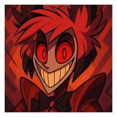 Alastor from Hazbin Hotel, close-up portrait in unique cartoon style, emphasizing his signature smile and red eyes, no text sticker