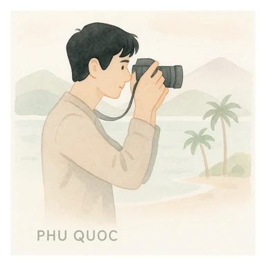 soft watercolor illustration in a minimalist modern style of a black-haired man holding a professional camera taking pictures in a scenic location of Phu Quoc island, pastel colors, delicate linework, gentle whimsical mood, minimal soft shading sticker