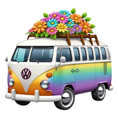 3D, psychedelic colored VW Van with hippie style flowers sticker