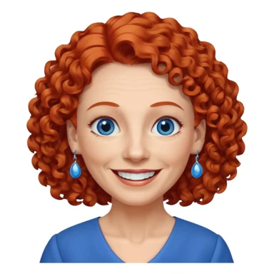 una profesora mayor simpática con el pelo rojo rizado, ojos azules, vestido azul y pendientes azules hablando altura completa sonriendo con los dientes sticker