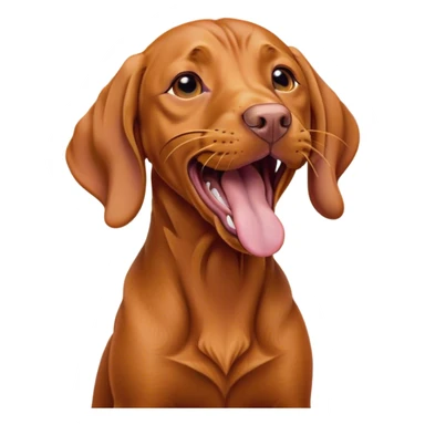 Cinematic Cute Yawning Vizsla Portrait Emoji, Head tilted slightly with a dramatic, wide-open yawn, showcasing a smooth rust and gold Fur with a subtle shimmer, floppy ears slightly drooping, round amber eyes barely open in drowsy contentment, Simplified yet irresistibly adorable features, highly detailed, glowing with a soft, cozy glow, high shine, relaxed yet expressive, stylized with a touch of whimsy, bright and endearing, soft glowing outline, capturing the essence of a sleepy yet affectionate companion, so drowsy it feels like it could stretch out of the screen and curl up for a nap! sticker