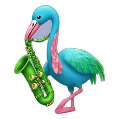 A blue flamingo playing with an green saxophone  sticker