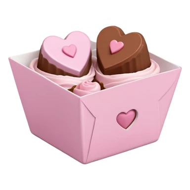 Two square milk chocolate , Each praline is a sharp-edged cube with smooth glossy chocolate coating, placed in a small white fluted paper candy cup. On top of each cube is a flat pastel pink heart-shaped icing sticker
