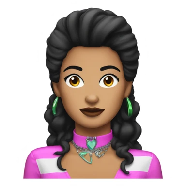 Tanned woman with black hair dressed in 1980s rock hair, makeup, and neon attire  sticker
