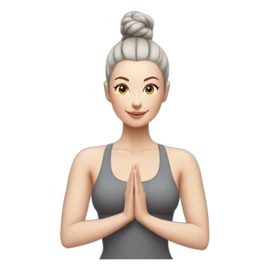 Pale skinned fit woman In a gray tight yoga suit and wristbands With black hair in a bun doing yoga sticker