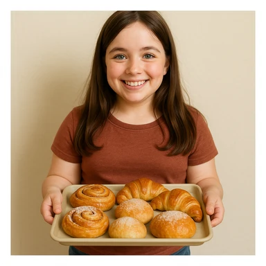 sweet brunette girl with short legs, long hair, light eyes, smiling while holding a tray of baked goods sticker