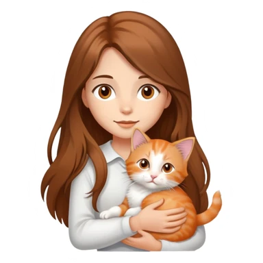 A long-haired girl with brown hair and brown eyes is holding a long-haired orange and white kitten in her arms. sticker