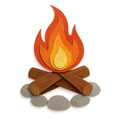 campfire with logs and stones, delicate paper layers, expressive flames, warm glow sticker