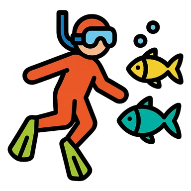 a diver swimming with fish, vibrant colors, modern flat icon style sticker
