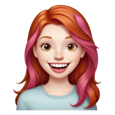 Young girl with pale skin, full pink lips smiling with big teeth, ginger red hair (very long), bigger nose, deep brown eyes (less green), big mouth sticker