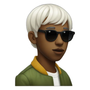 tyler the creator with a short white wig and dark sunglasses looking looking slightly annoyed side view sticker