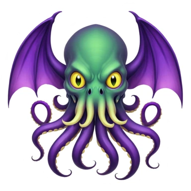 deep green Cthulhu with purple bat wings and purple gradient tentacles. Yellow angry eyes. yellow suckers on tentacles. dramatic ominous shading. two saber-teeth sticker