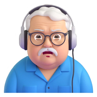 Very chubby brown old man with medium white hair, wearing glasses and headphones, looking surprised and angry, no facial hair, round full cheeks, double chin, looking to the upper left corner sticker