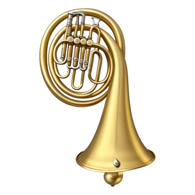 Create an elegant and refined emoji representing the Arnolds & Sons AHR-563-TERRA horn. The design should feature the intricate, shiny brass body of the horn with its signature wide bell and beautifully coiled tubing. The horn should be highly polished with subtle accents that reflect its craftsmanship. Use golden brass tones and light reflections to highlight the luxury and sophistication of the instrument. Add delicate musical notes to evoke its melodic sound. The background should be transparent. sticker