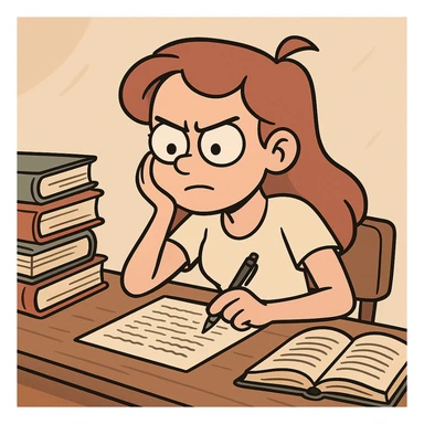 A girl preparing for exams, sitting at a desk with books and notes, looking focused and determined, in a cartoon style. sticker