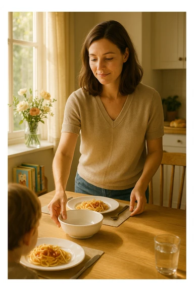 "Donna tra i 30 e i 40 anni, all’interno della sua casa luminosa, mentre prepara la tavola o accudisce i figli con un’espressione dolce e serena. Indossa abiti semplici e curati, simbolo di cura e presenza. Sullo sfondo si vedono dettagli di una casa armoniosa: fiori freschi, libri per bambini, un pranzo in preparazione. La scena trasmette calore, dedizione e stabilità familiare. Elementi visivi di supporto: luce solare che entra dalla finestra, atmosfera calda e rassicurante. Stile realistico con toni caldi e tenui sticker