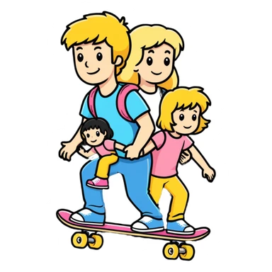 blonde mullet man carrying 2 daughters while on a skateboard sticker