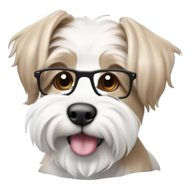 Dos perritos terrier tibetano, el macho de color blanco con un moño azul y la hembra blanca con una sola oreja de color marrón y un lazo rosa siendo abrazados por una chica de piel clara, cabello lacio de color rubio castaño, con lentes y ojos marrones  sticker