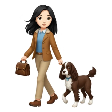 A girl with long black hair walks a brown springer spaniel sticker