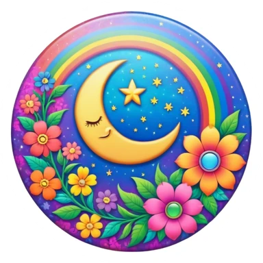 A round psychedelic colored button with a rainbow colored damask style moon and hippie flowers in the center sticker
