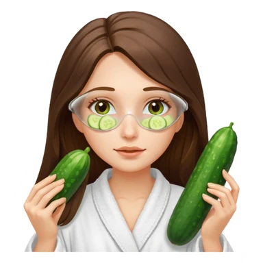 white long brunette hair girl with hazel eyes in a bathrobe with cucumber slices covering her eyes sticker