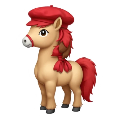 A cute pony (horse) emoji, full body, standing in side view, wearing a stylish red beret. sticker
