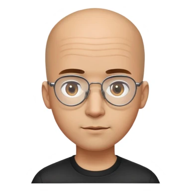 Man with small oval face and big forehead, aviator-style glasses, completely bald/shaved sides with very short curly dark hair only on top of head, neutral-friendly expression, light brown skin, wearing a black shirt sticker