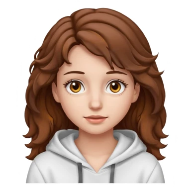 Una ragazza con una felpa semplice bianca,ha gli occhi marroni,i capelli marroni  , c’è gli ha lunghi e ricci ma non troppo e ha le ciglia stile emoji apple sticker