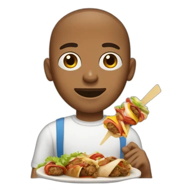 a brown skinned man, emaciated face with short curly hair eating a kebab sticker