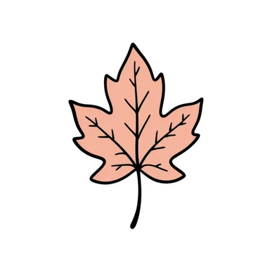 An autumn leaf with detailed veins in pastel colors (dd9fb0, ffc6d3, a3bfc9, c4bee2, f1b091), hand-drawn doodle style sticker