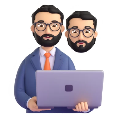 same professional man with medium black beard, neat black hair, connected unibrow, olive tan skin, brown eyes, glasses, prominent nose, in business casual attire, holding laptop under arm sticker