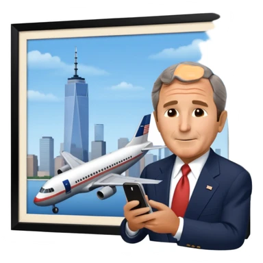  emoji of the world trade center with a plane crashed into it and george bush on a phone in front of them sticker