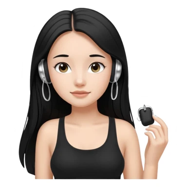 a fair girl with straight black long hair, wearing a black cami top. and wearing silver airpods max headphones on sticker