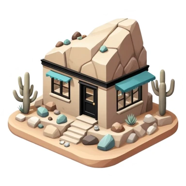 Isometric exterior little black, beige, and white southwestern desert rock and gem shop, dollhouse style 3D realistic  sticker