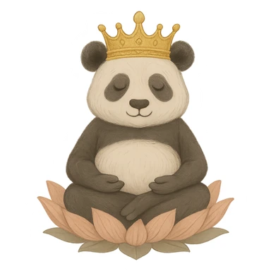 Add a crown to the panda sitting on the lotus, maintaining the serene and harmonious style. Remove the background to isolate the subject. Keep the serene and harmonious atmosphere of the original image. sticker