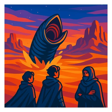 Desert planet Arrakis from Dune, sandworm bursting from sand in the midground, three people in the foreground, rock formations behind, dusk sky, in a vibrant toon style sticker