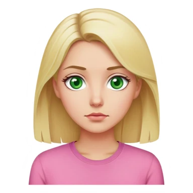 Blonde woman. Pink shirt. Green eyes. Question sticker
