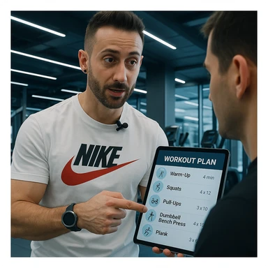 Personal trainer in a gym, inspired by the person in the reference photo, showing a digital workout plan to a client, in a technological and modern environment. sticker