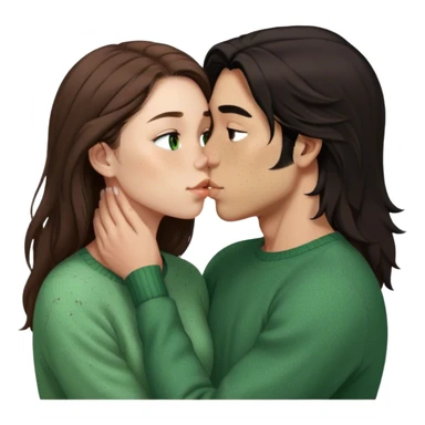 Young guy with black slightly long hair kissing a young woman with brown hair and  green sweater and only the woman has very light freckles with the emoji made so there is no part that is cut off sticker
