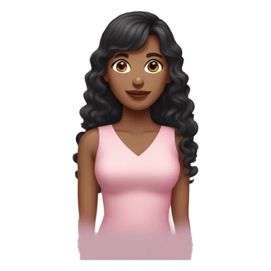 White woman with long black curly hair and bangs and dark brown eyes, wearing a pastel pink dress sticker