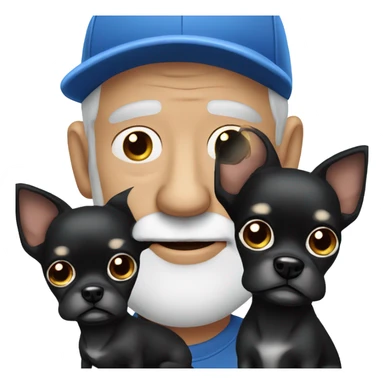 Old man with blue eyes goatee beard ball cap holding cute black long fur Chihuahua sticker