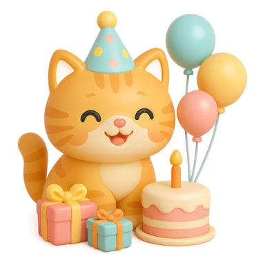 ginger tabby kitten celebrating birthday, wearing a birthday hat, with birthday cake, balloons, happy expression, and gifts sticker