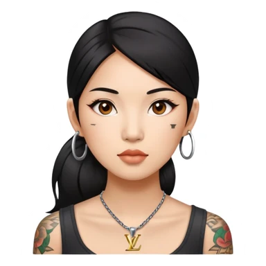 Asian woman with LV tattoo on left cheek sticker