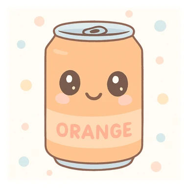 cute orange soda can with a smiling face, bright colors, kawaii style sticker
