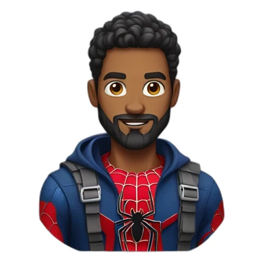 A guy with a dark long beard in a spider-Man costume sticker