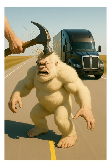 Change to a side view: show the black 2026 Kenworth W680 flat top semi sleeper far behind the abominable snowman, hammer actively hitting the snowman, light and realistic style, no text. sticker